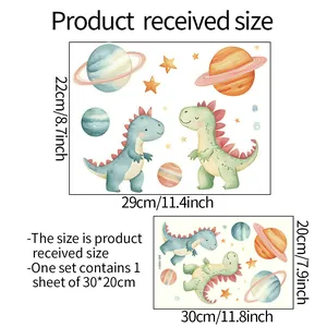 Detailed size chart showing 30x20cm dimensions for glow-in-the-dark dinosaur wall stickers