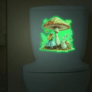 Detailed view of luminous Alice in Wonderland mushroom wall stickers on a toilet lid
