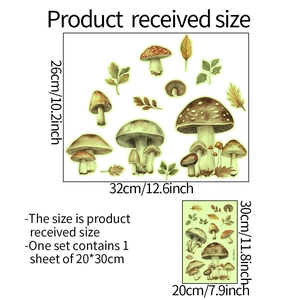 Fluorescent mushroom and leaves wall sticker set with vintage woodland pattern 20x30cm
