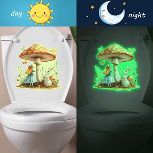 Luminous mushroom girl and rabbit bathroom sticker with day and night glow effect