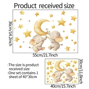 Luminous wall sticker set with cute elephants and stars including layout dimensions