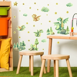 Detailed view of watercolor cartoon dinosaur wall stickers in a cozy nursery room setting