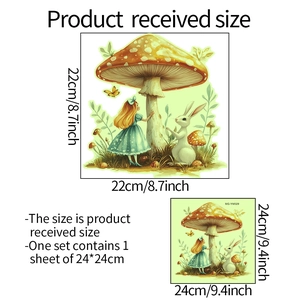 Detailed size chart showing Alice in Wonderland mushroom and rabbit decals for bathroom