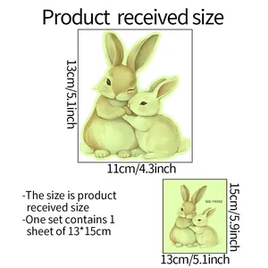 Size chart showing a 13x15cm sheet with a 13x11cm luminous hugging bunny sticker