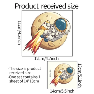 Detailed size guide for cartoon astronaut wall stickers with height and width dimensions