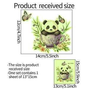 Luminous cartoon panda cup wall sticker with flowers and butterflies 13x15cm size guide