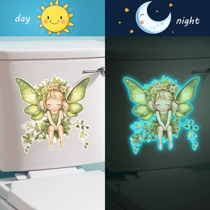 Luminous fairy wall sticker with flower wreath for bathroom decor, day and night effect