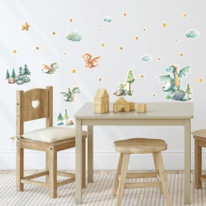 Detailed view of watercolor dinosaur wall stickers in a cozy wooden nursery study area