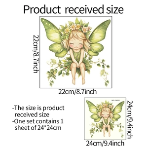 Luminous fairy wall sticker dimension guide showing watercolor design with dimensions