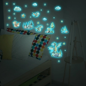 Luminous cartoon dinosaur wall stickers with stars and trees glowing in a dark bedroom