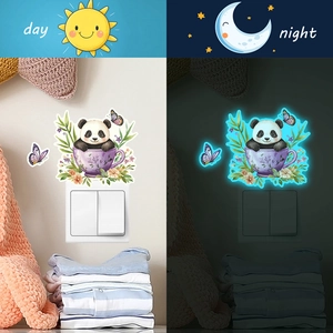 Luminous panda in a floral teacup light switch sticker for day and night decor