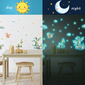 Glow-in-the-dark forest dinosaur wall stickers for children's room showing day and night effects