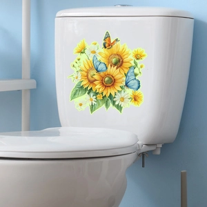 Floral toilet sticker with sunflowers, daisies and butterflies on white ceramic tank