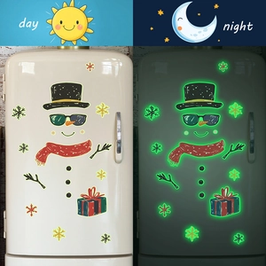 Luminous Christmas Snowman Wall Sticker Glow In The Dark PVC Snowflake Decals For Fridge Kitchen Home Decor Green Blue Light