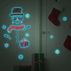 Luminous Christmas snowman wall decal with cool sunglasses and snowflakes glowing in the dark
