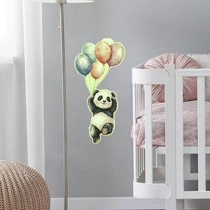 Detailed view of hand-painted watercolor panda balloon wall sticker in a cozy nursery room