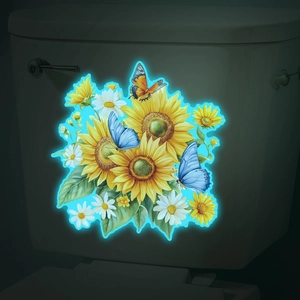 Glow-in-the-dark floral wall stickers with sunflowers and butterflies on toilet tank