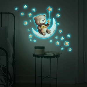 Glow-in-the-dark bear on moon wall sticker with luminous stars for bedroom decor