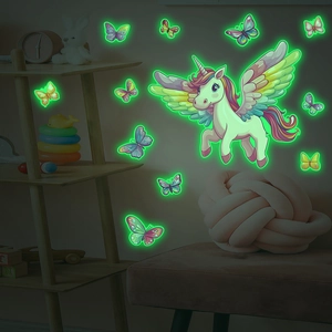 Adesivi da muro fluorescenti con unicorno e farfalle colorate per la camera dei bambini