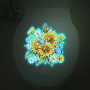 Luminous floral toilet sticker with watercolor sunflowers, daisies and blue butterflies