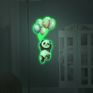 Luminous wall sticker showing a cute panda flying with colorful balloons in the dark