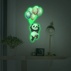 Glow-in-the-dark wall sticker featuring a cartoon panda with balloons in night scene