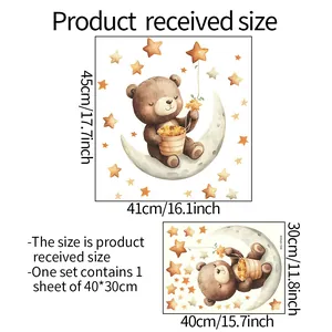 Size chart showing glow in the dark bear moon wall decals with layout measurements