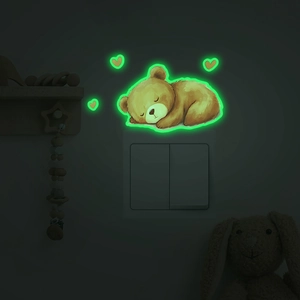 Luminous cartoon sleeping bear wall sticker with glowing hearts for home light switch decor