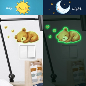 Luminous cartoon brown bear sleeping heart light switch sticker day and night glow effect