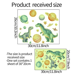 Detailed dimensions of watercolor dinosaur and planet glow stickers for home wall decor