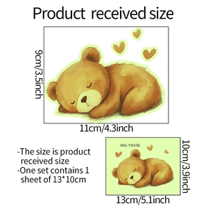 Detailed size specifications for a glow-in-the-dark sleeping bear wall sticker