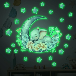 Luminous sleeping elephant on flower moon wall decal with glowing stars for nursery room