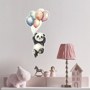 Detailed view of watercolor cartoon panda and balloons wall stickers in kids' room