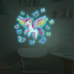 Adesivi murali fluorescenti con unicorno e farfalle per cameretta dei bambini