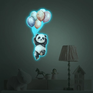 Luminous wall sticker showing cartoon panda holding colorful balloons in a dark room