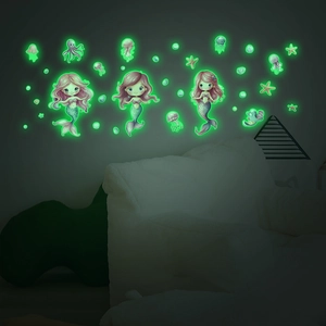 Luminous mermaid wall stickers featuring glowing jellyfish and stars for dark bedrooms