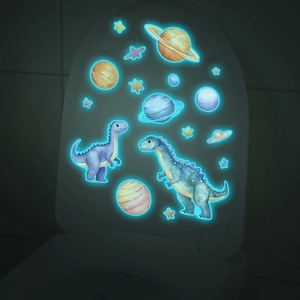 Glow-in-the-dark blue dinosaur and space planet stickers for home bathroom wall decor