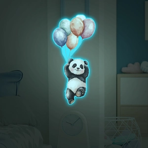 Glow in the dark wall stickers featuring a watercolor panda holding a blue neon balloon