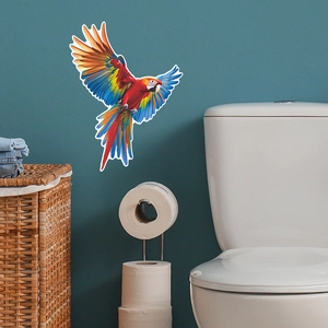 Detailed wall sticker featuring a colorful flying parrot applied to a bathroom wall