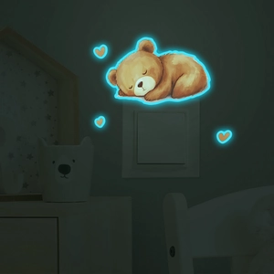 Luminous sleeping bear wall sticker for kids room switch decoration with blue glow effect