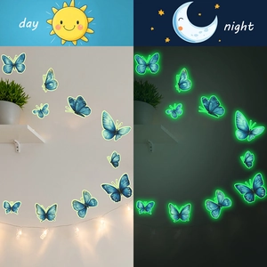 Stickers muraux papillons bleus lumineux avec effet fluorescent de jour et de nuit