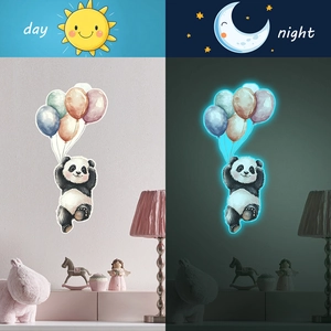 Cartoon Panda Playing With Balloons Luminous Wall Sticker PVC Self-Adhesive Glow In The Dark Decal For Kids Room Home Decor