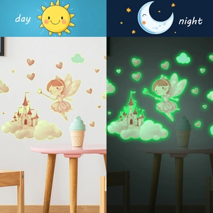 Luminous wall stickers featuring cartoon fairy castle and hearts with day and night display
