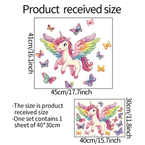 Dettagli dell'adesivo da parete con unicorno: foglio 40x30cm e misura finale 45x41cm