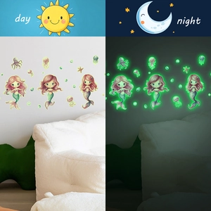 Luminous cartoon mermaid wall stickers with glowing octopus and jellyfish for kids room decor