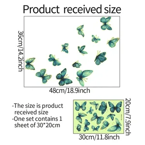 Stickers muraux papillons bleus lumineux avec dimensions et plan de disposition