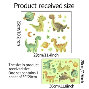 Detailed dimension guide for luminous cartoon dinosaur wall stickers for nursery decor