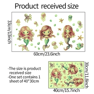 Detailed sheet showing cartoon mermaid wall stickers with dimensions 40x30cm for DIY decor