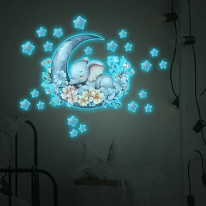 Luminous sleeping elephant on moon and stars wall stickers for nursery wall decor