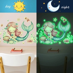 Luminous Mermaid Wall Sticker PVC Self Adhesive Glow In The Dark Cartoon Ocean Shell Decal For Kids Bedroom Bathroom Wall Decor